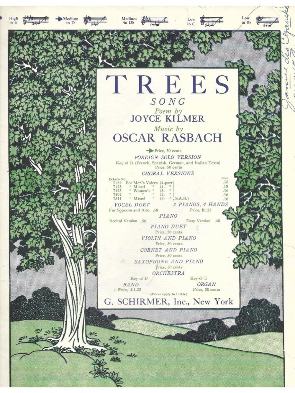 Trees Song 1922 Sheet Music Joyce Kilmer Oscar Rasbach G Schirmer